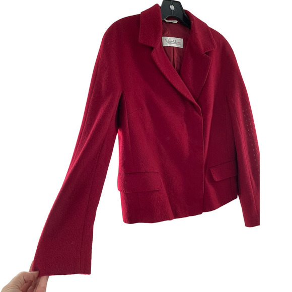 Max Mara Womens Wool Cashmere Crop Blazer Jacket Flap Pocket Size 4 Red - Picture 3 of 8
